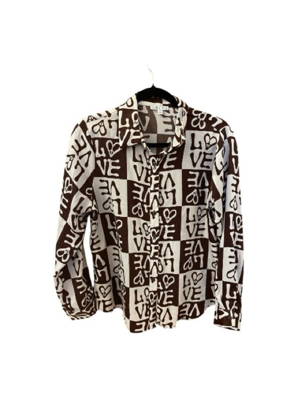 Rabbit Rose Shirt, Size L, Brown Checkered Print, LOVE Written All Over.